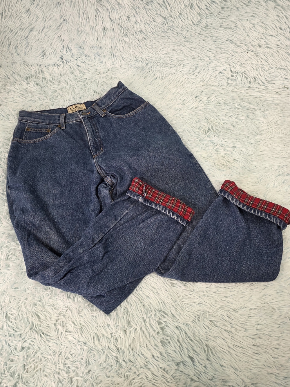 L.L. Bean‎ Flannel Lined Boyfriend Jeans Blue Red Plaid Cuff 8P